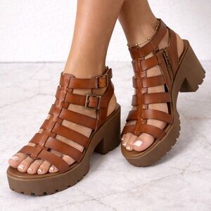 Jellypop Brown Gladiator Heel Sandals New in Box Comfort fit Platform size 8.5